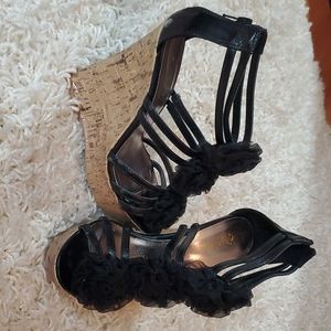 Qupid black chiffon floral wedge sandals with a cork wedge heel. Size 6.5